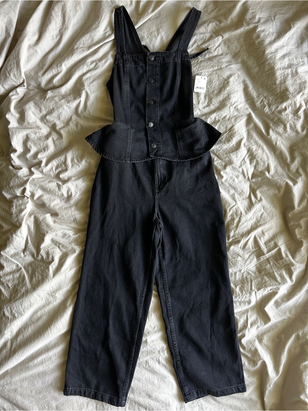We the Free - Free People Black Denim Peplum-Strap Jumpsuit NWT Nuuly